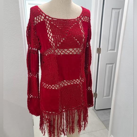 Boho Suede & Crochet Fringe Top - Size M - Picture 1 of 6